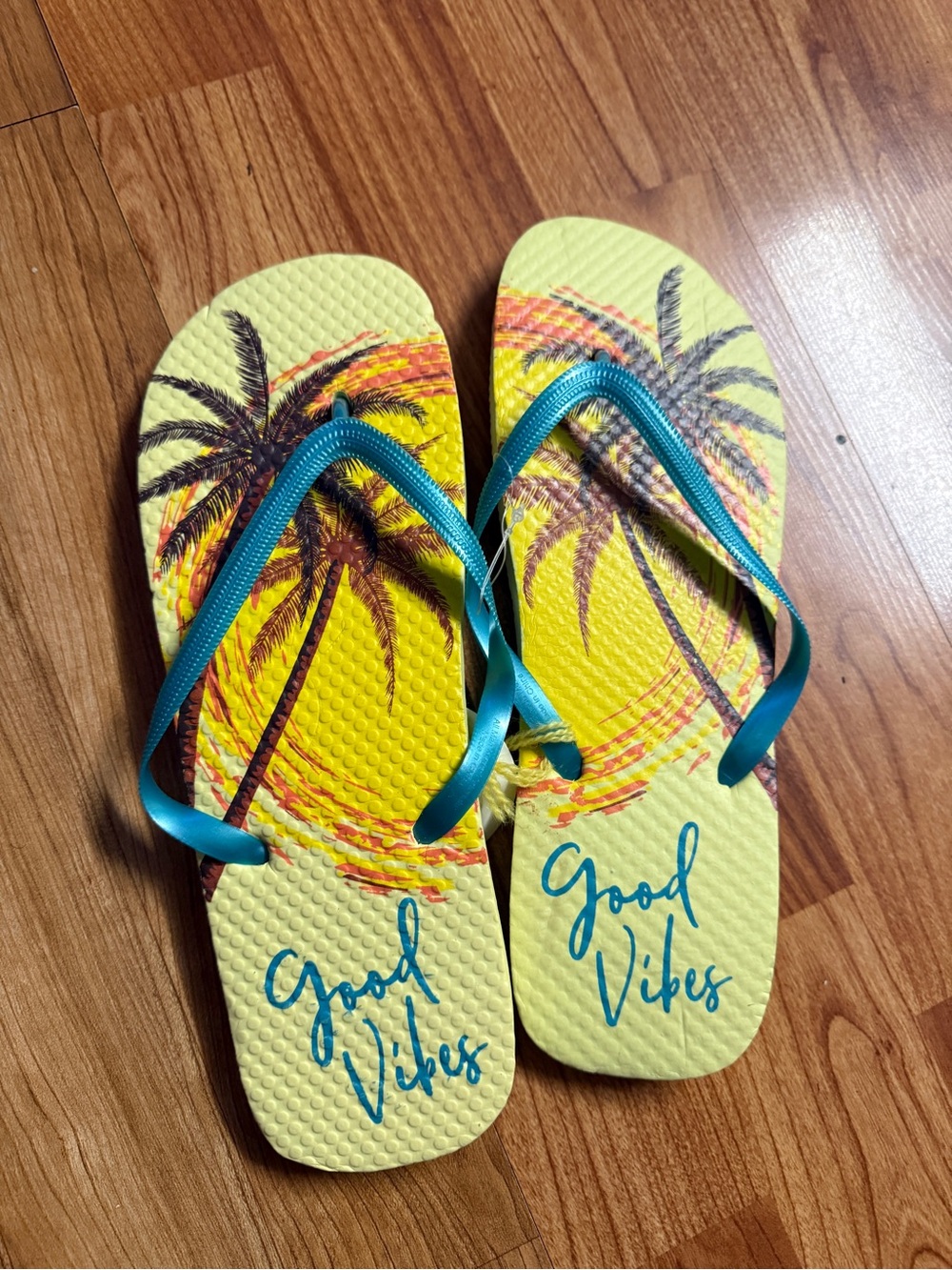 Kids Yellow Palm Print Flip Flops with Teal Straps - Good Vibes